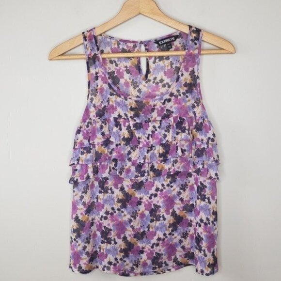 Express | Purple Floral Ruffle Front Tank Blouse Size XS - Picture 6 of 6